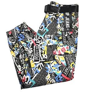 VIP Jeans Faux Cargo Joggers Womens Sz 7‎ Urban Graffiti All Over Print Gorpcore